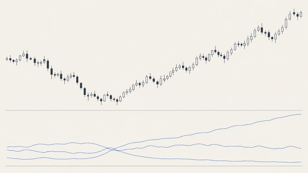 Candlesticks turning from a decline into a rise, with three indicator lines beneath: two crossing and one climbing steadily