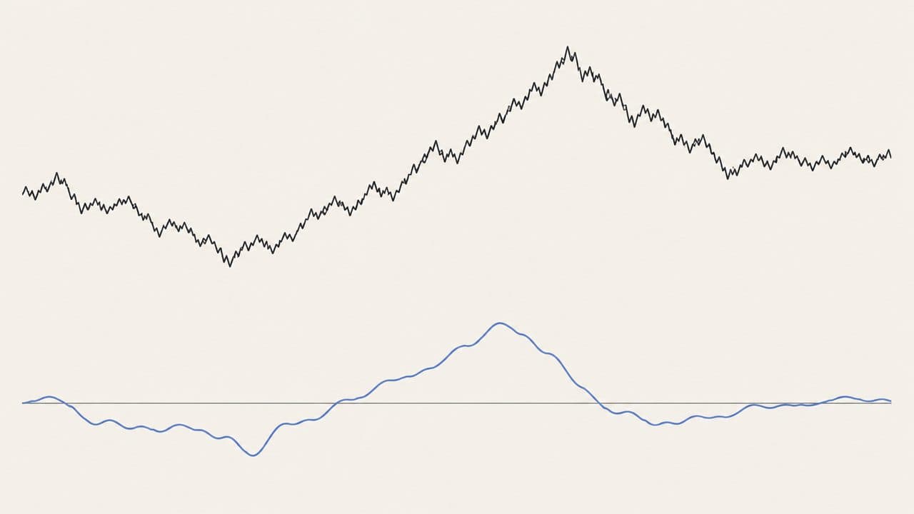 A price series above a smooth momentum line that crosses a horizontal zero line as the trend turns
