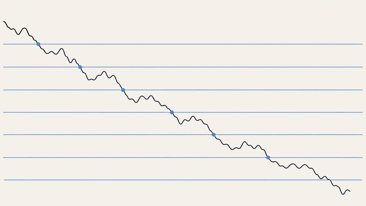 A falling price line crossing a series of evenly spaced horizontal grid levels, a position opening at each