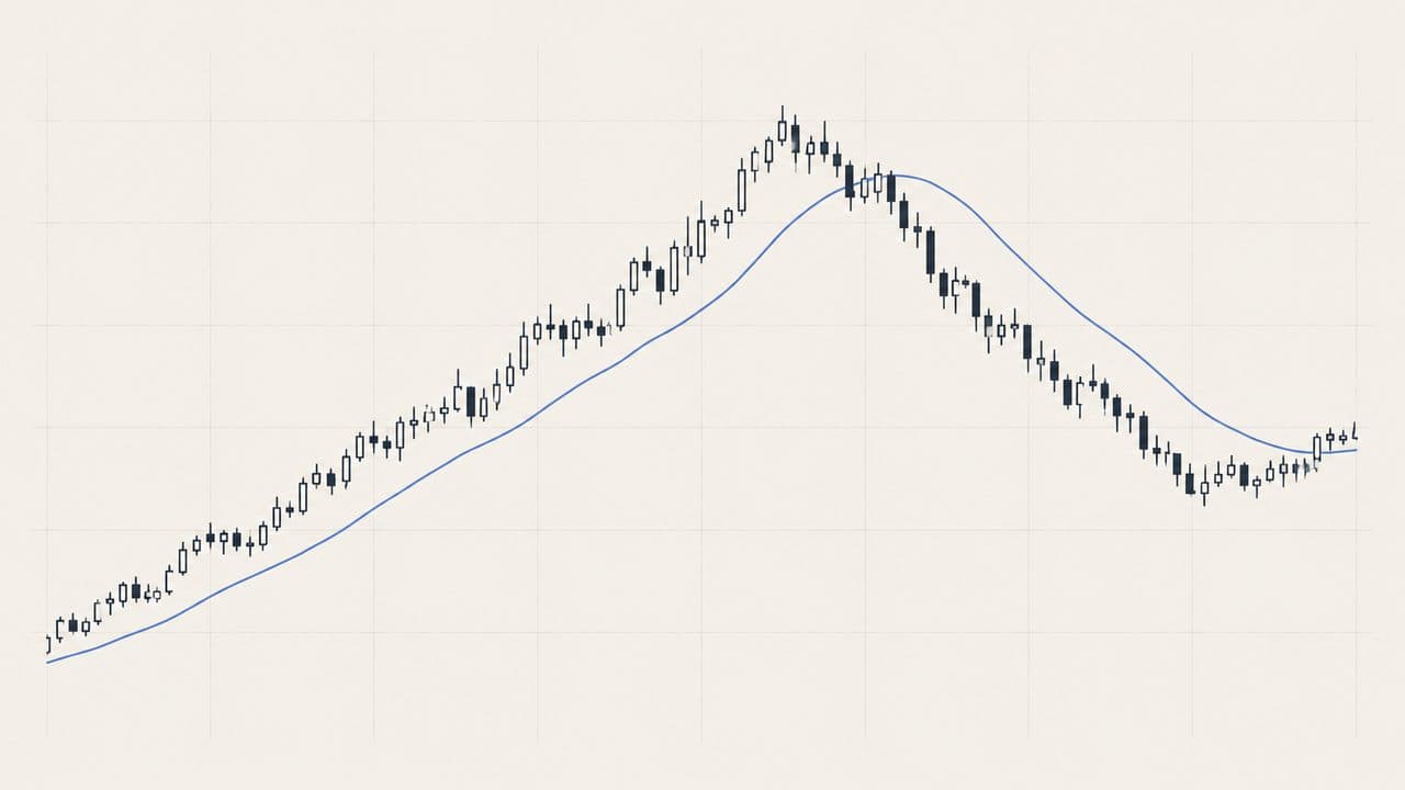 A long run of candlesticks rising and then falling, with a smooth trailing line following beneath and then above them