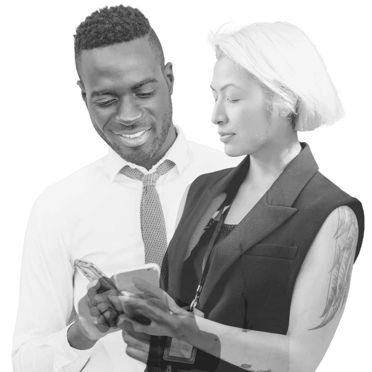 Two professionals reviewing markets together on a smartphone
