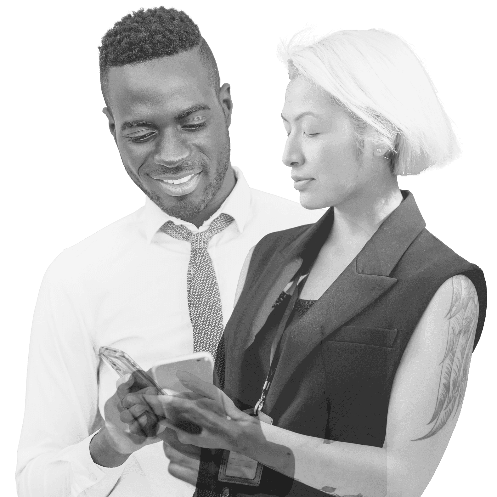 Two colleagues looking together at a trading app on a phone