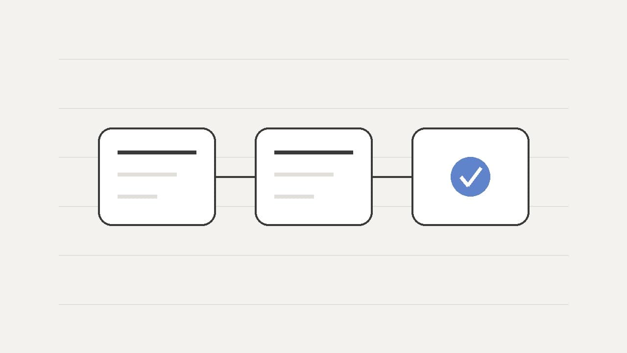 Three cards joined by a line: two forms and a third with a blue check mark