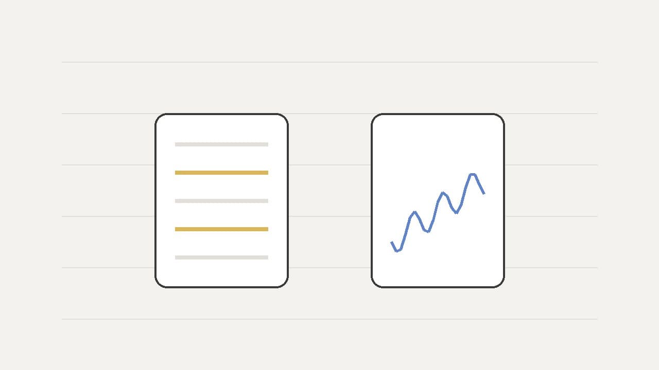 Two cards side by side: one with gold coupon lines, one with a small blue price chart