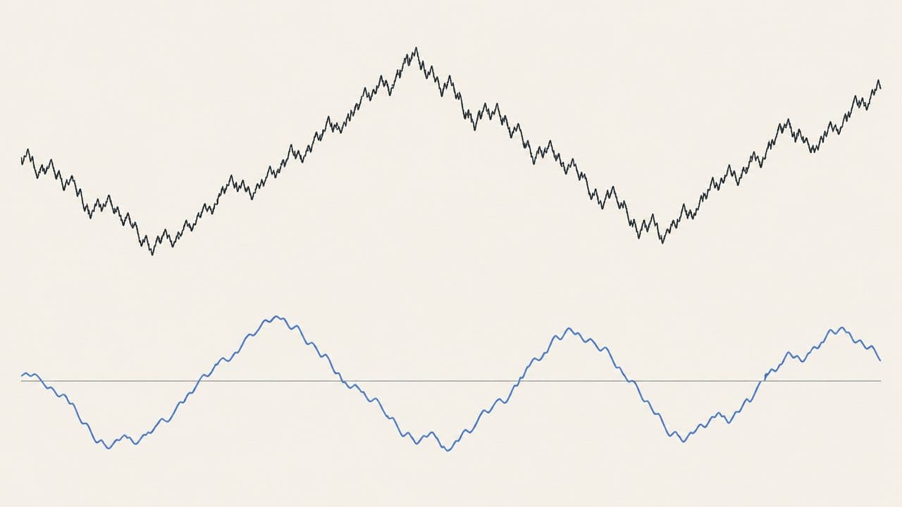 A price series climbing and falling inside two stepped lines that mark its highest highs and lowest lows
