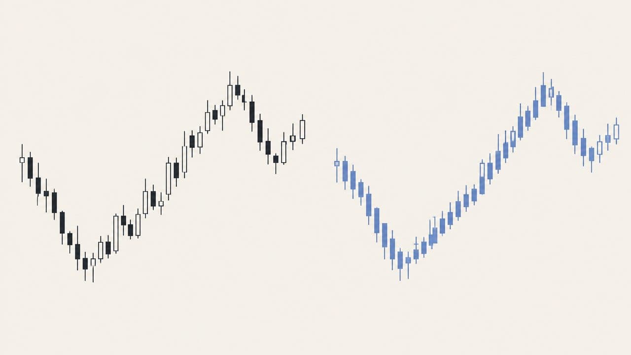 Ordinary candlesticks on the left and the same move drawn as smoother Heikin-Ashi candles on the right