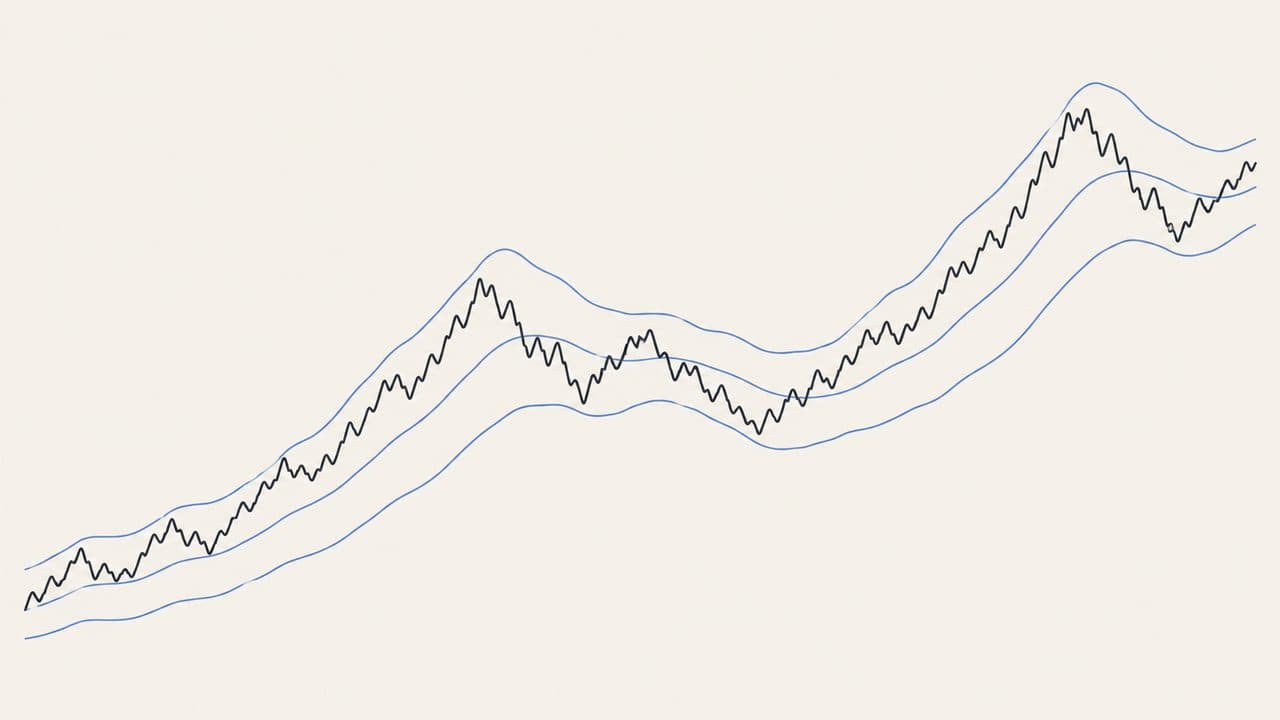 A price series moving inside three smooth parallel channel lines that widen and narrow with it