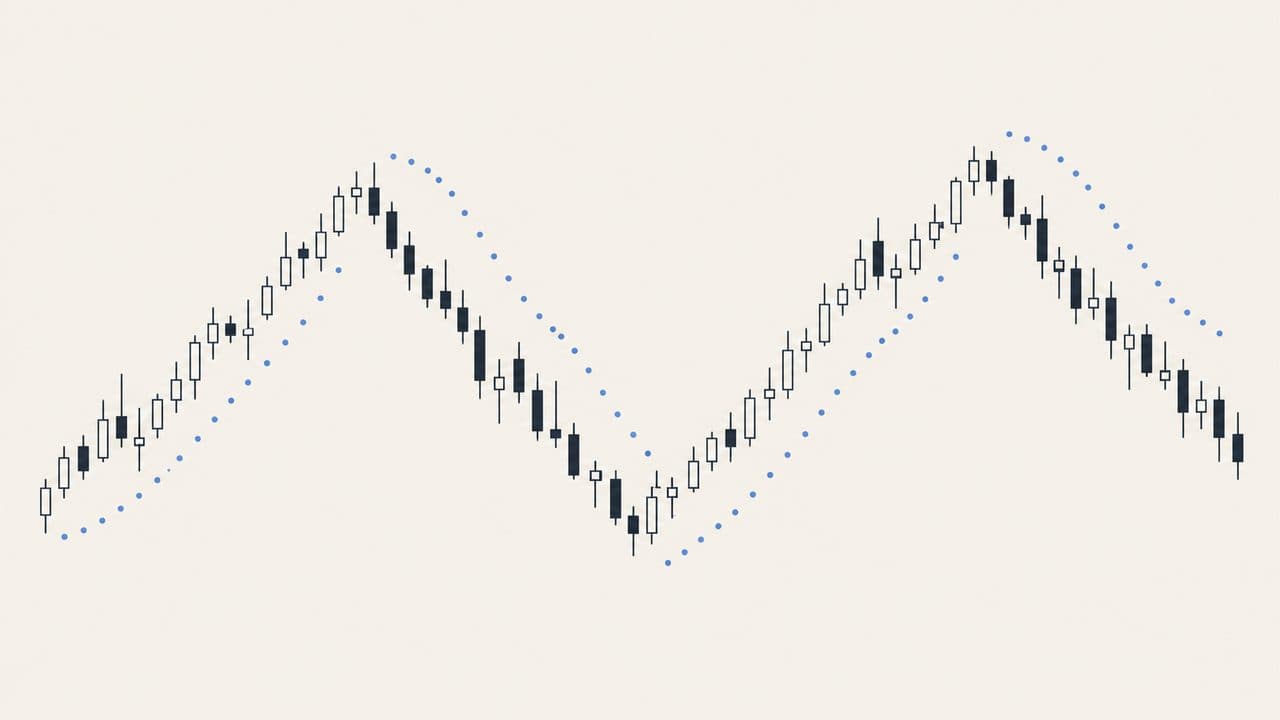 Candlesticks rising and falling, with a trail of dots below price on the way up and above it on the way down