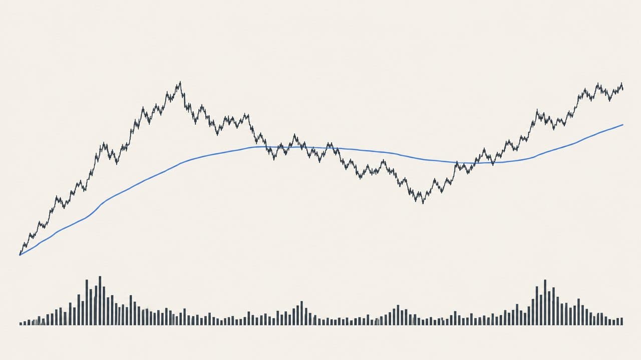An intraday price line with a smoother volume-weighted average running through it and volume bars beneath