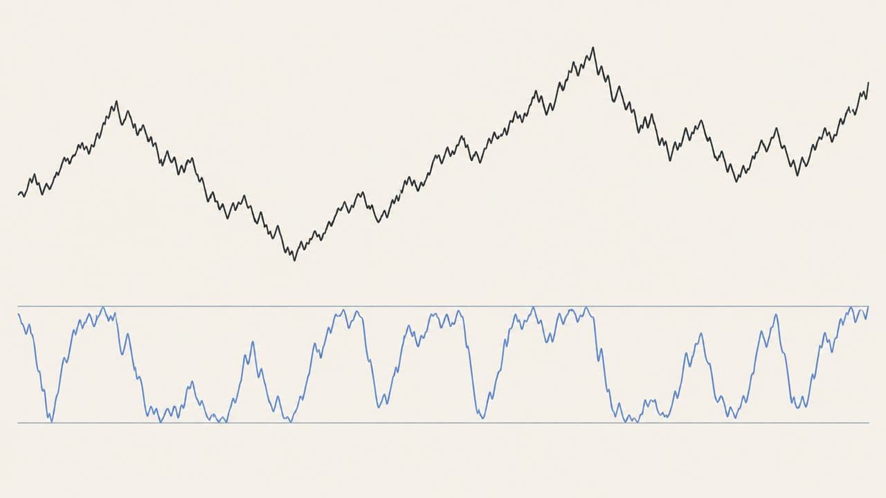 A price series above an oscillator swinging between two horizontal boundaries