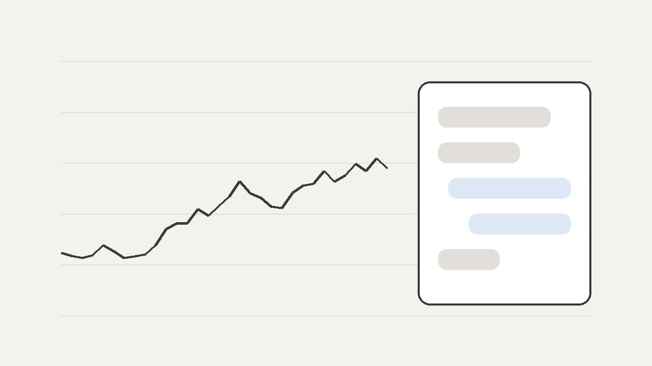 A price chart on the left and a chat panel with grey and blue message bubbles on the right