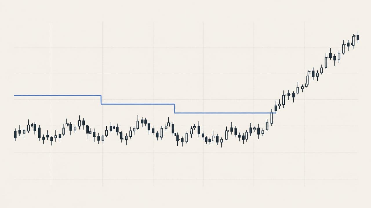 Candlesticks in a quiet range beneath a stepped boundary line, then rising sharply once the boundary is crossed