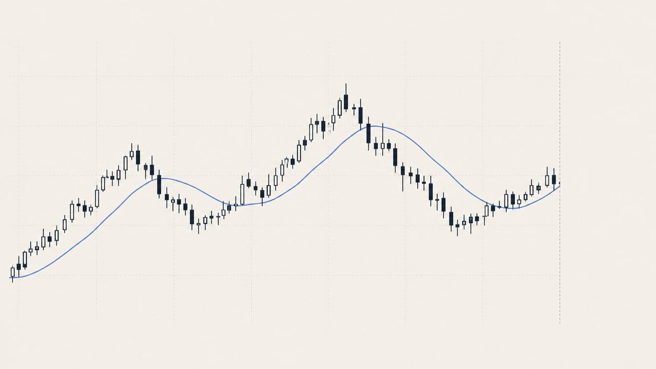 A single session of candlesticks rising and falling around a smooth reference curve