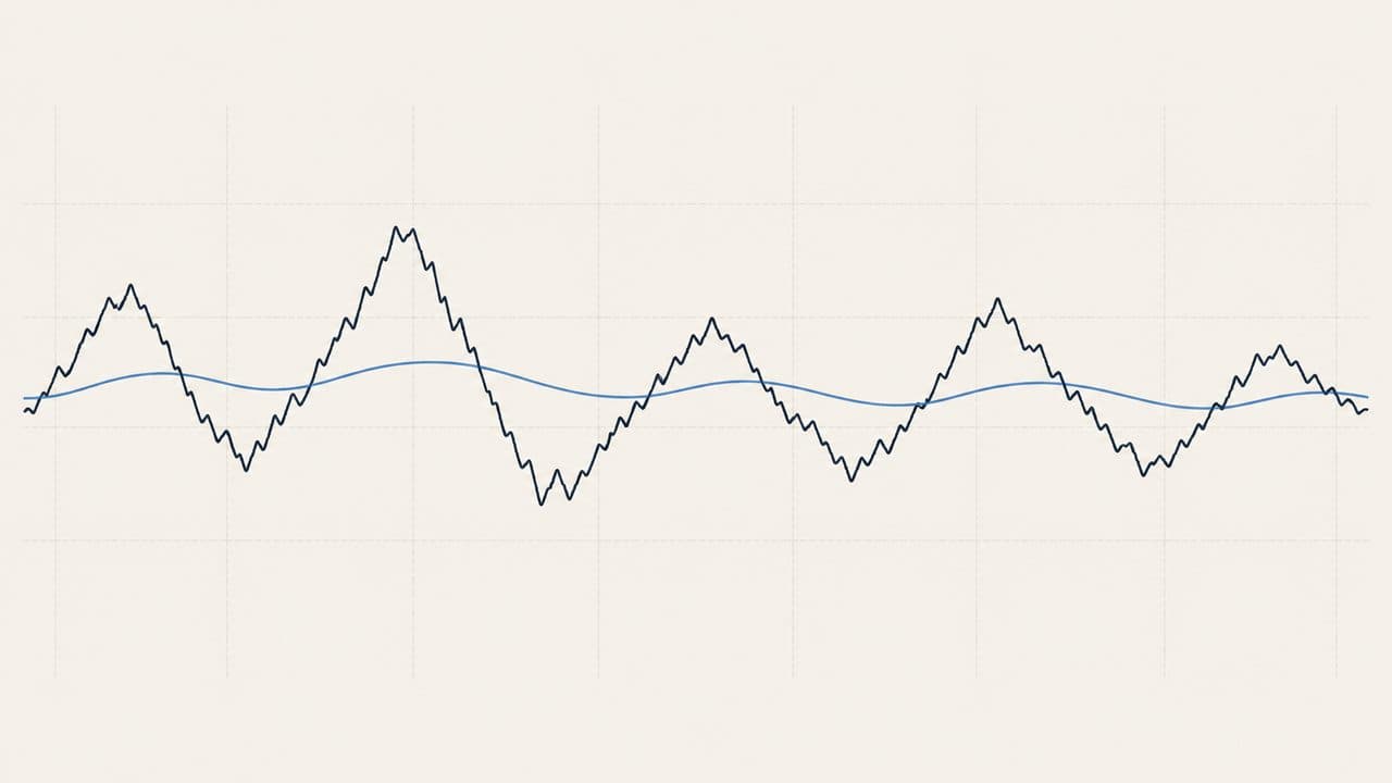 A jagged price line swinging above and below a gently curving centre line and returning to it each time