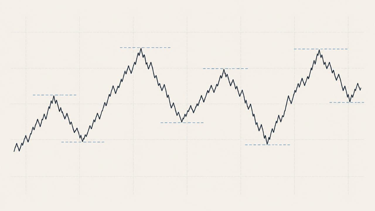 A price series swinging between successive highs and lows, each turning point marked with a short dashed level